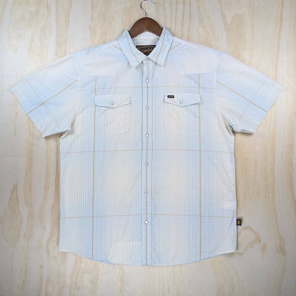 Howler Bros Men's Large Western Pearl Snap Short Sleeve Shirt Blue Plaid